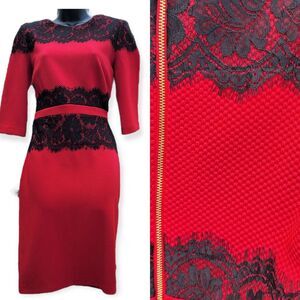 Danni & Nicole Sheath 3/4 Sleeve Midi Red Dress with Black Lace Appliqués at che